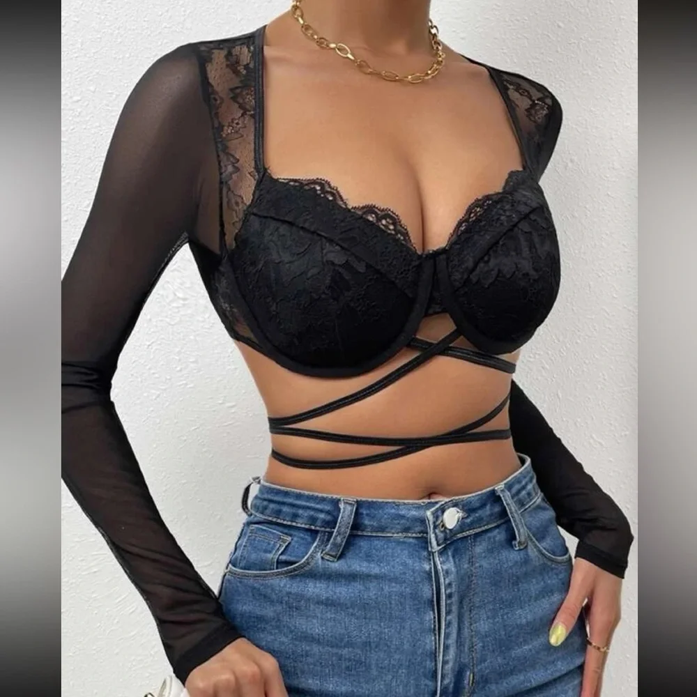Boho lace crisscross tie back crop top